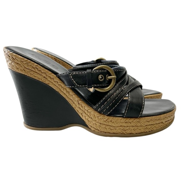 Aldo Black Strappy Wedge Sandals with Espadrille Detail Size 37 - Picture 1 of 16